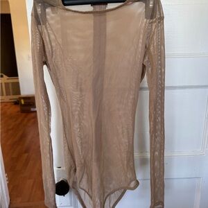 Sheer Mesh Tan Long Sleeve Bodysuit